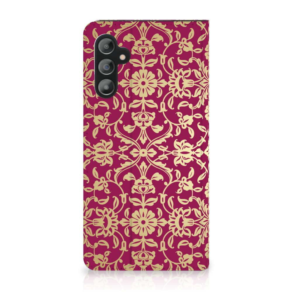 Telefoon Hoesje Samsung Galaxy A14 5G Barok Pink met gouden barokmotief op strakke rode achtergrond.