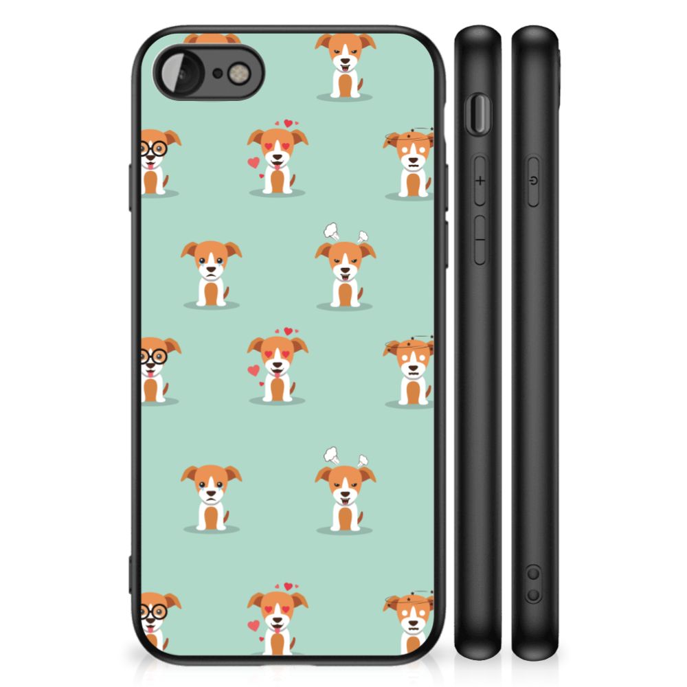 iPhone SE 2022 | SE 2020 | 7/8 Dierenprint Telefoonhoesje Pups met schattige hondenpatroon op turquoise achtergrond.