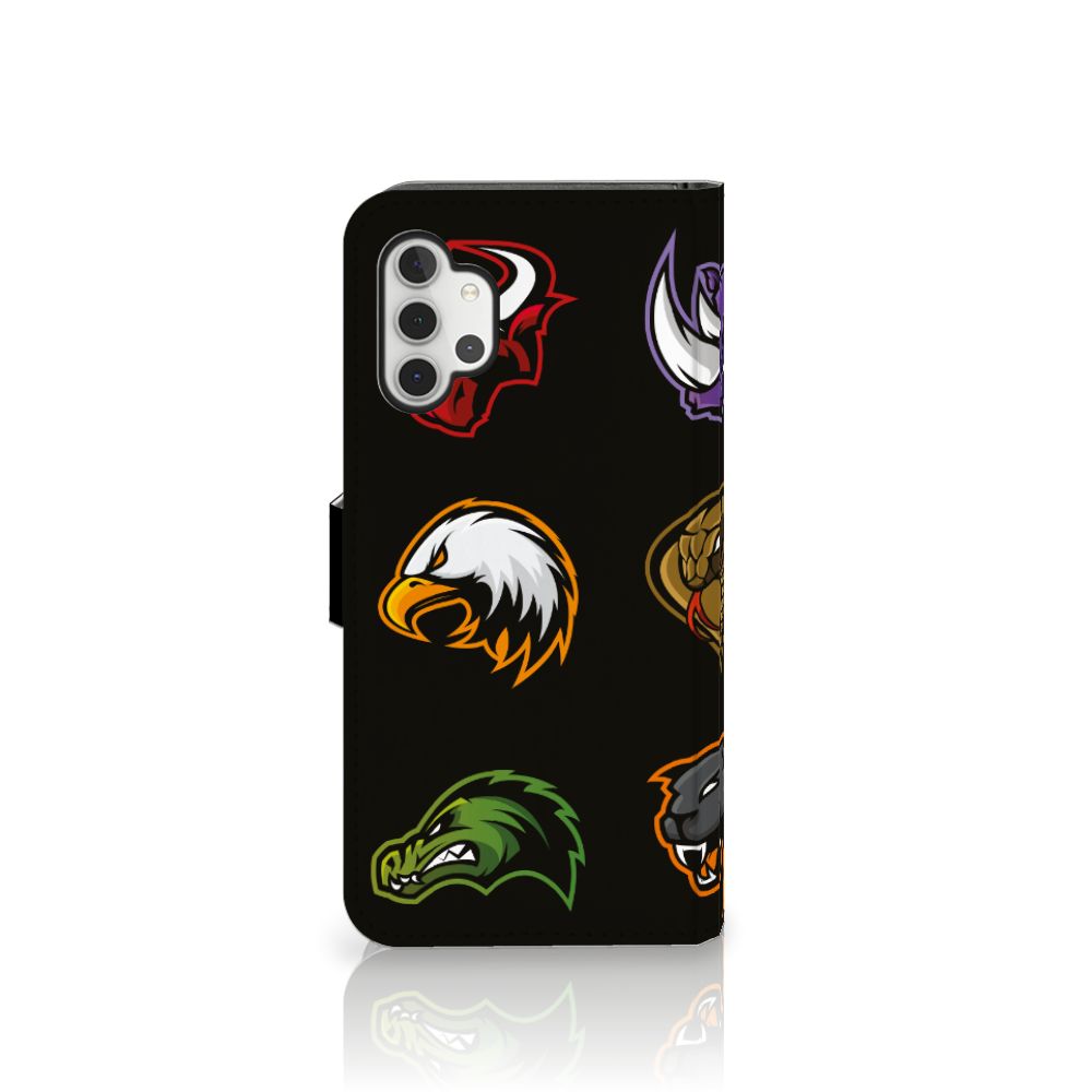 Samsung Galaxy A32 5G Leuk Hoesje Cartoon met kleurrijke dierenlogo's op zwarte achtergrond.
