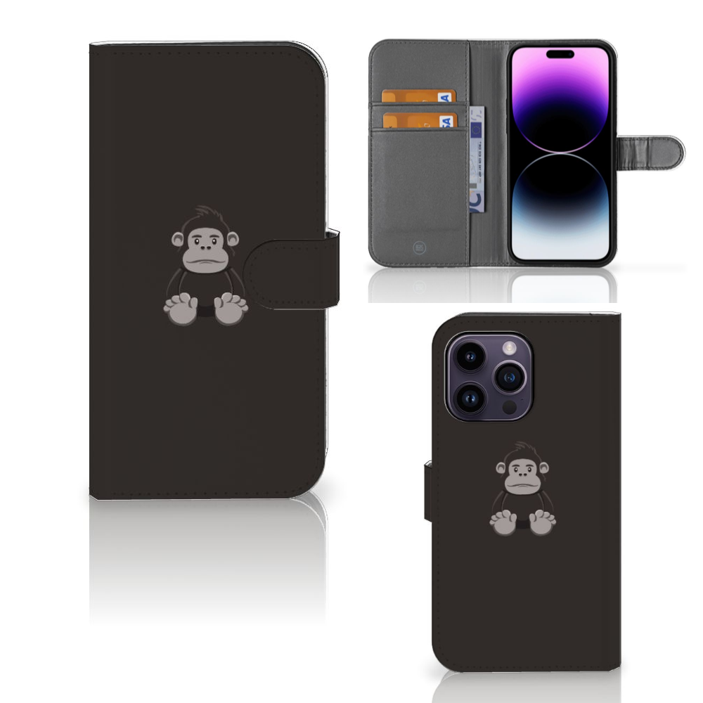 iPhone 15 Pro Max Leuk Hoesje Gorilla met schattige knuffelgorilla en ruimte voor pasjes.
