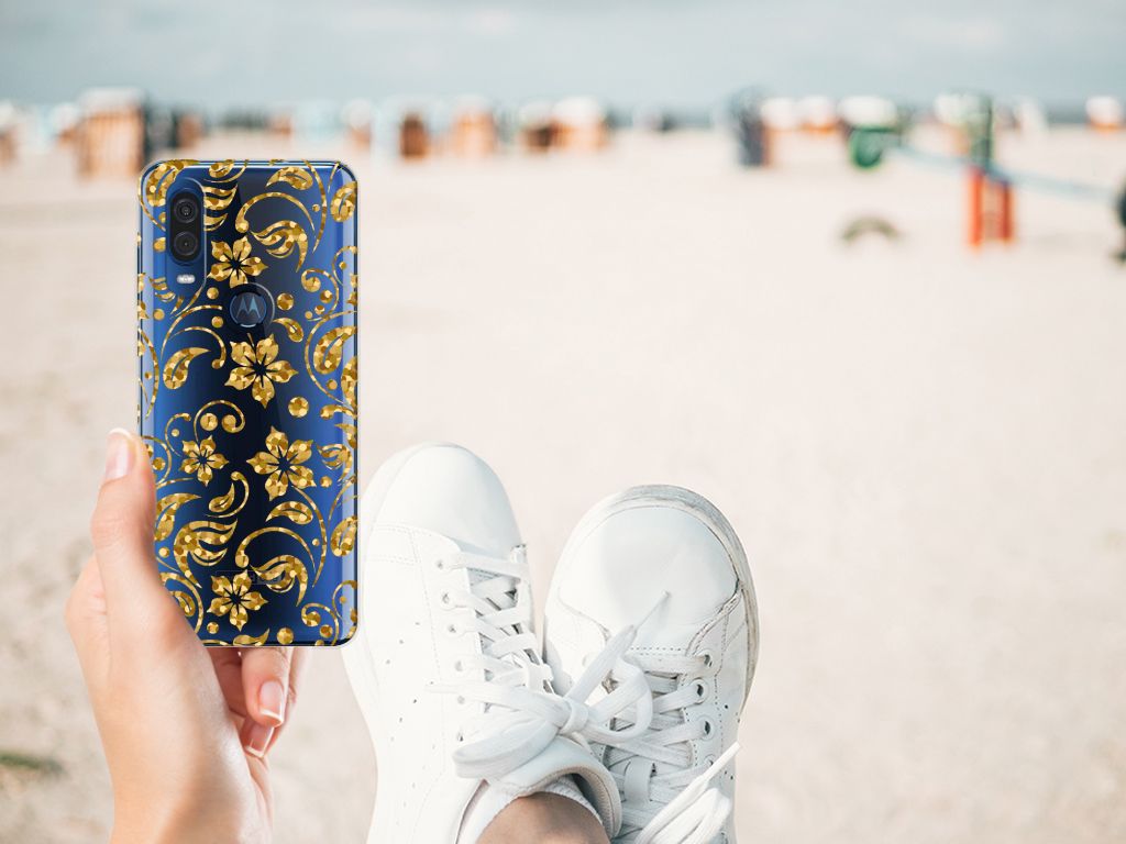 Motorola One Vision TPU Case Gouden Bloemen