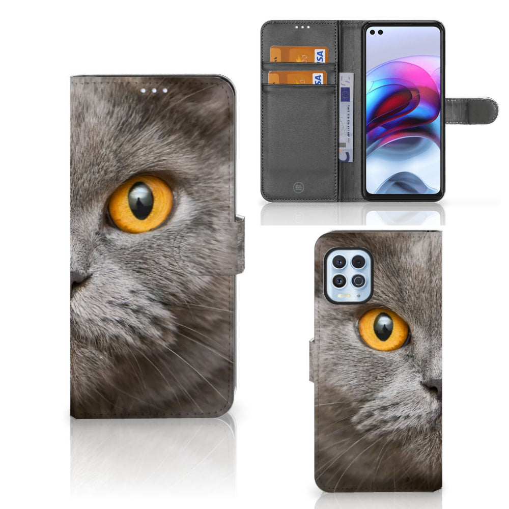 Telefoonhoesje met Pasjes Motorola Moto G100 Britse Korthaar met een indrukwekkende afbeelding van een Britse Korthaar.