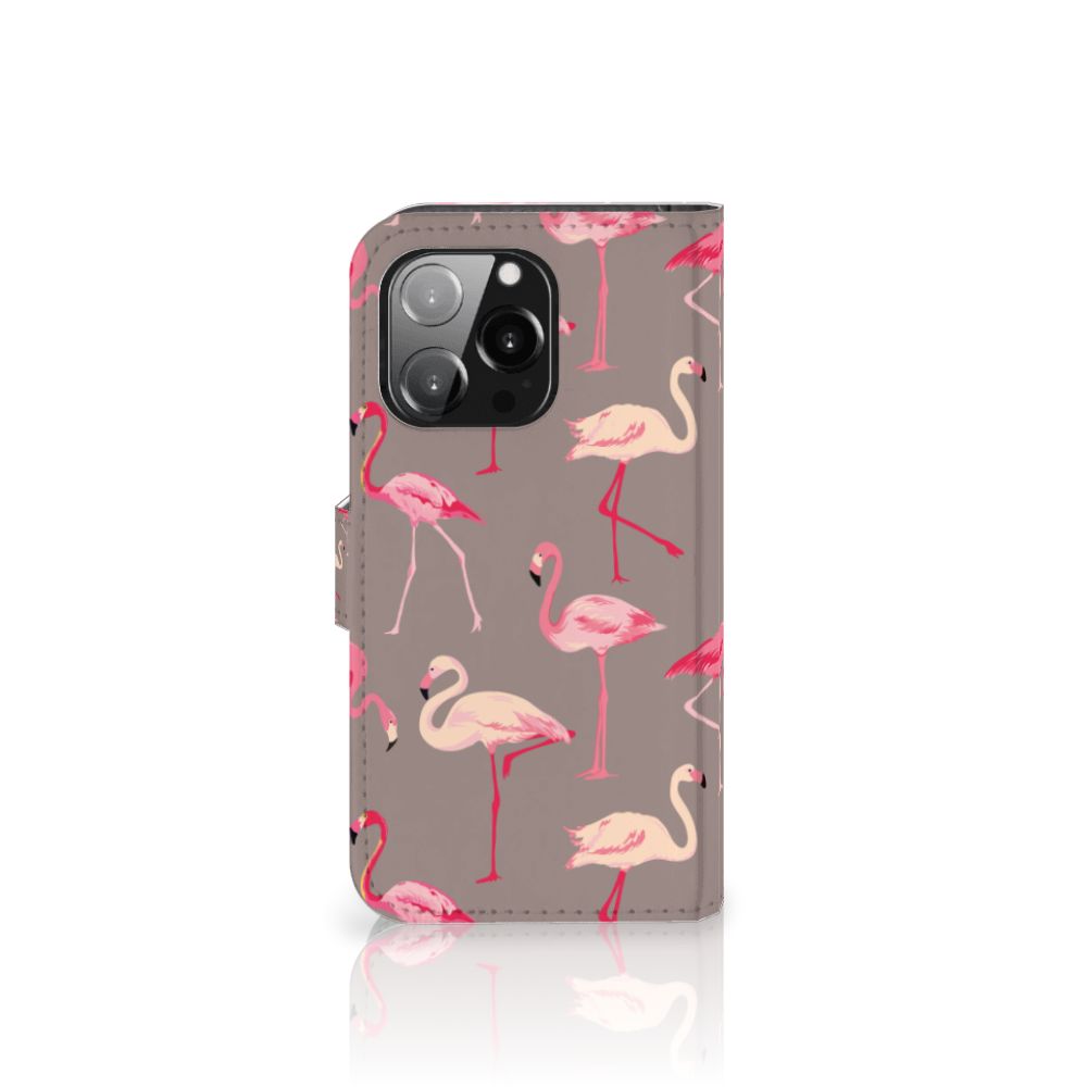 iPhone 13 Pro Telefoonhoesje met Pasjes Flamingo - vrolijk design met flamingo's 🦩 op een grijze achtergrond.