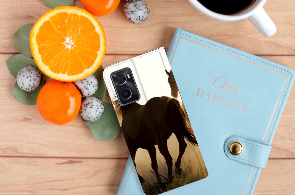 OPPO A96 | A76 Hoesje maken Design Cowboy met paardenprint op een smartphone met fruit en een notitieboek