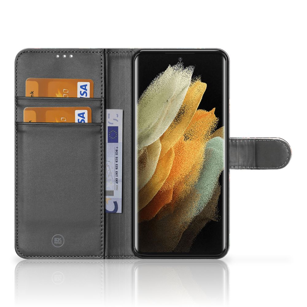 Samsung Galaxy S21 Ultra Telefoonhoesje met Pasjes Pauw met Bloemen