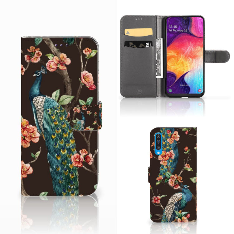 Samsung Galaxy A50 Telefoonhoesje met Pasjes Pauw met Bloemen