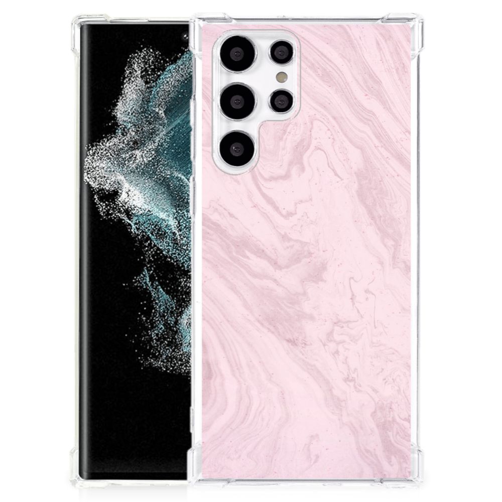 Samsung Galaxy S22 Ultra Anti-Shock Hoesje Marble Pink - Origineel Cadeau Vriendin