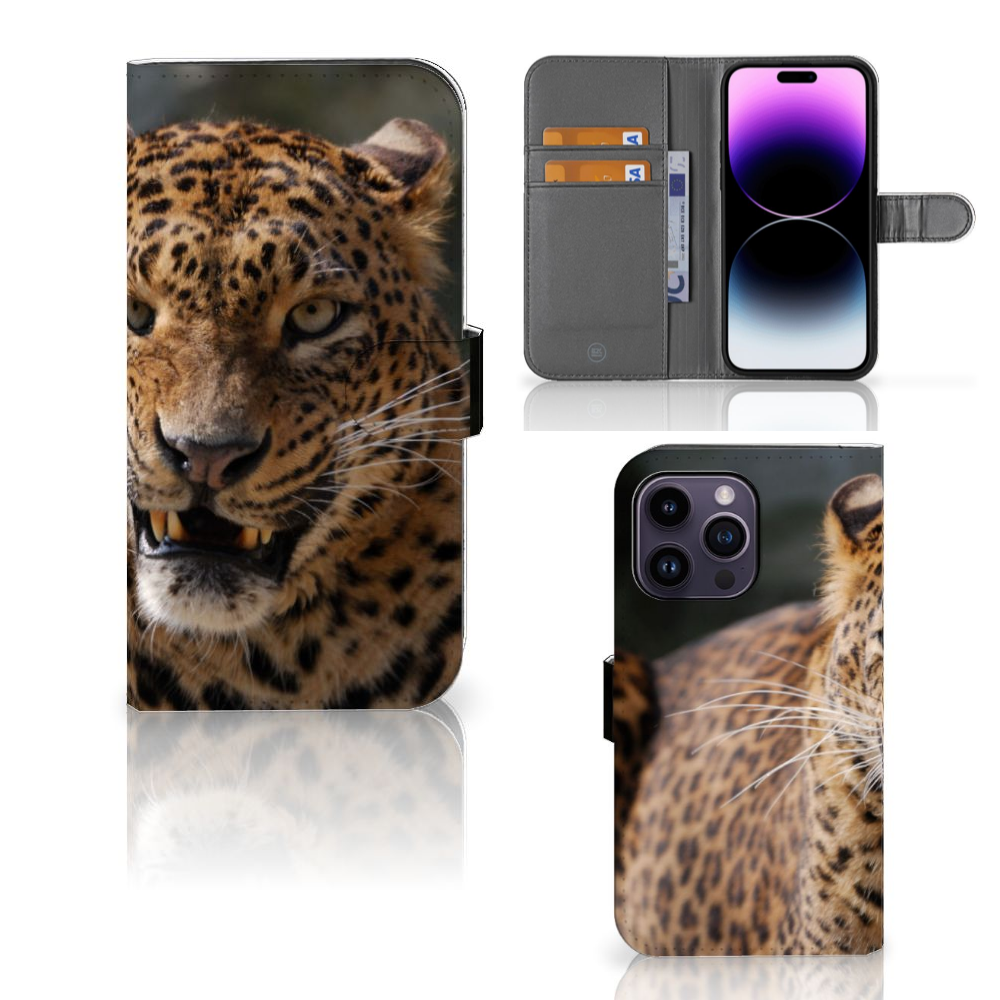 iPhone 15 Pro Max Telefoonhoesje met Pasjes Luipaard met gedetailleerd design van een luipaard 🐆.