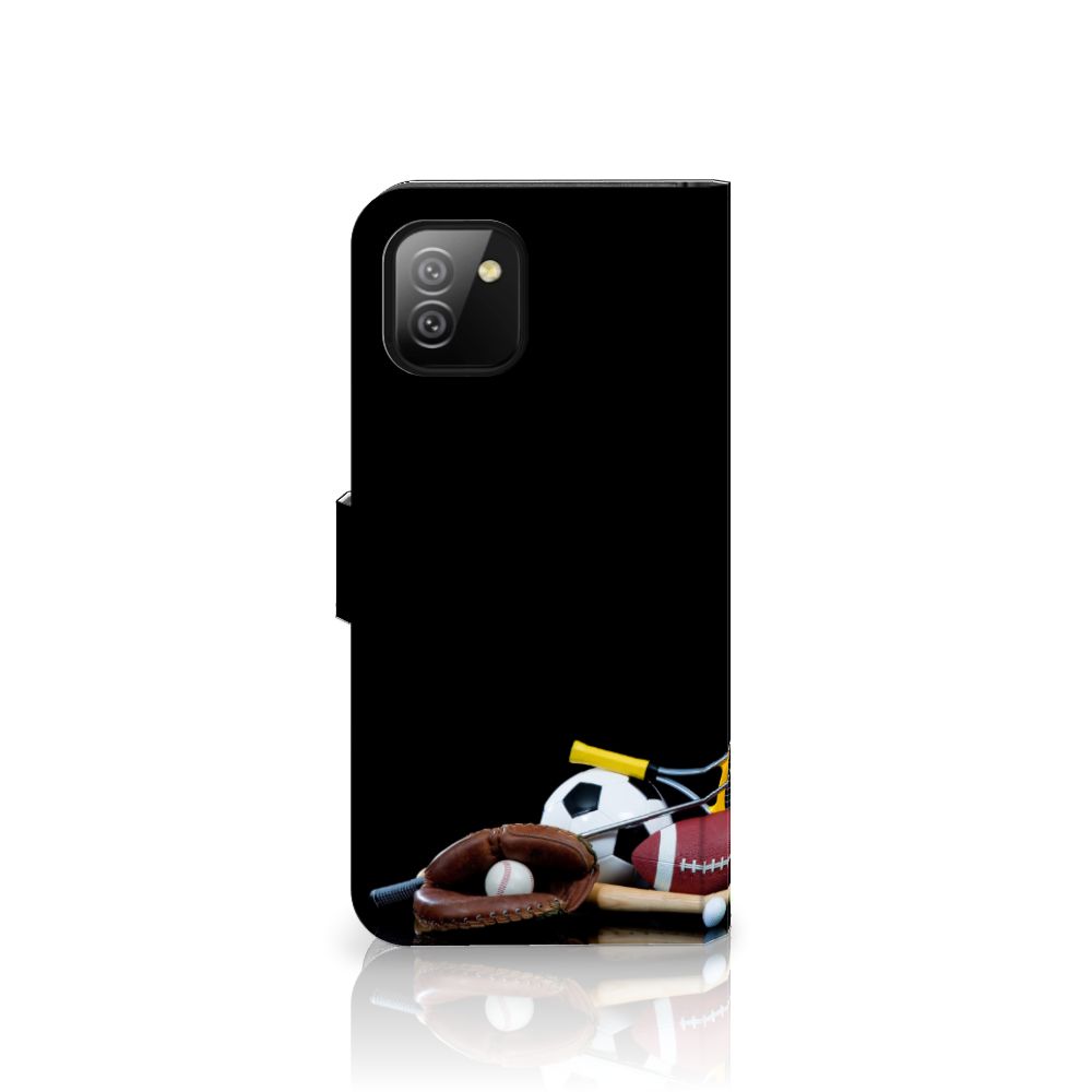 Samsung Galaxy A03 Wallet Case met Pasjes Sports met sport afbeeldingen en iconen van verschillende sporten.