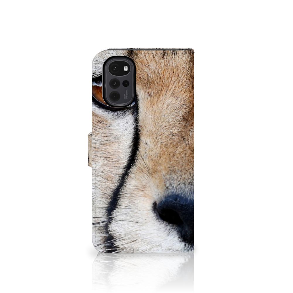 Motorola Moto G22 Telefoonhoesje met Pasjes Cheetah close-up van cheeta gezicht
