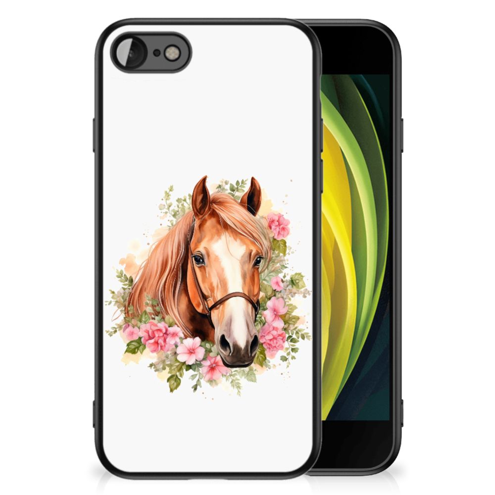 Dierenprint Telefoonhoesje voor iPhone SE 2022 | SE 2020 | 7/8 Paard met bloemen en paardengezicht