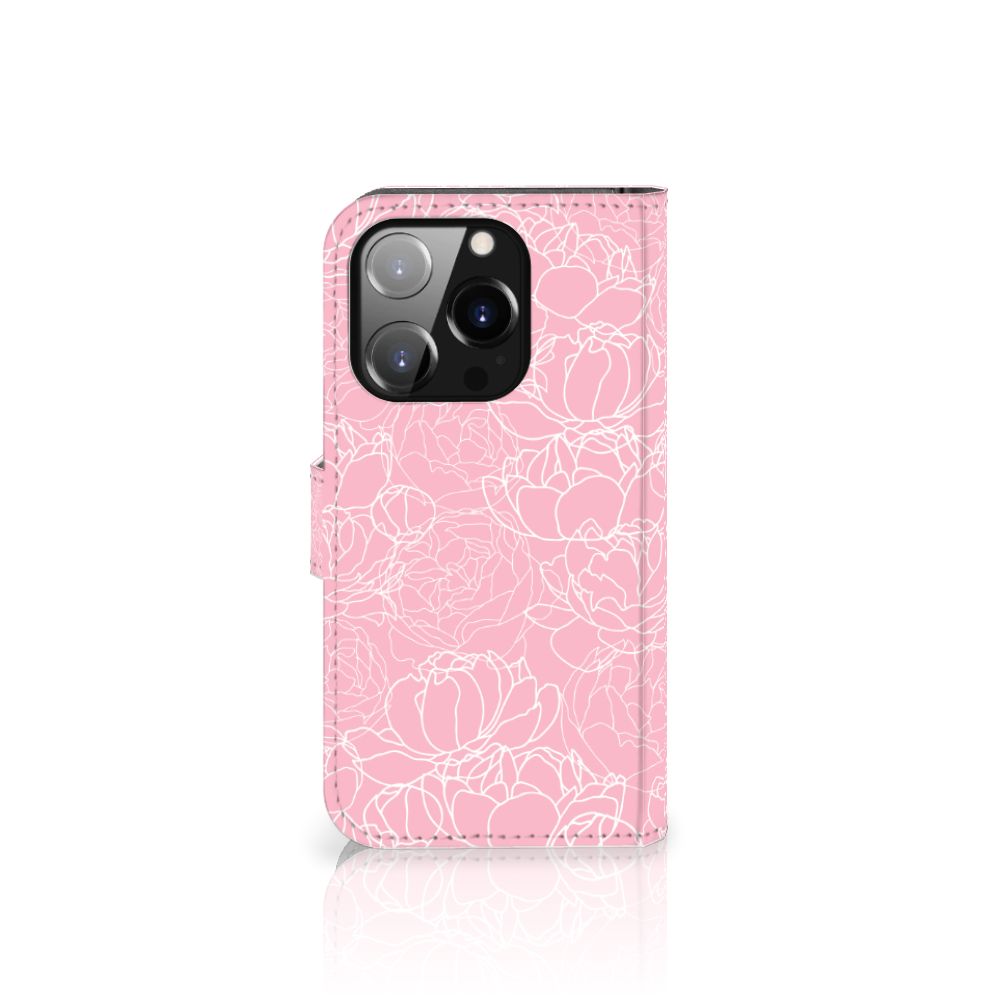 iPhone 14 Pro Hoesje White Flowers met een elegant bloemendesign in zachtroze.