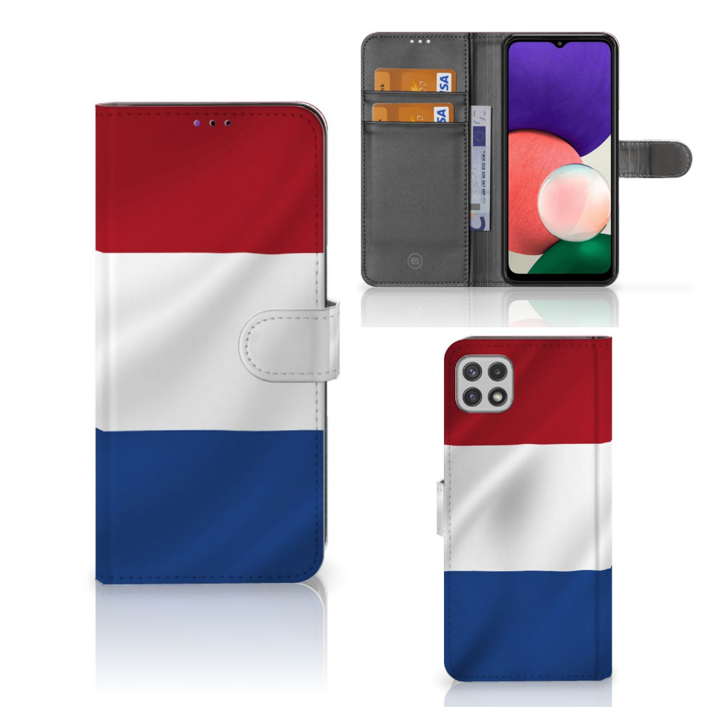 Samsung Galaxy A22 5G Bookstyle Case Nederlandse Vlag met artistiek design en pasjeshouder.