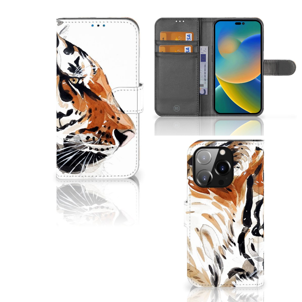 Hoesje iPhone 14 Pro Watercolor Tiger met abstract tijgerdesign en magnetische sluiting.