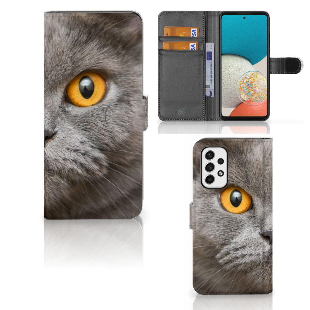 Telefoonhoesje met Pasjes Samsung Galaxy A53 Britse Korthaar met afbeelding van een grijze kat met gele ogen.