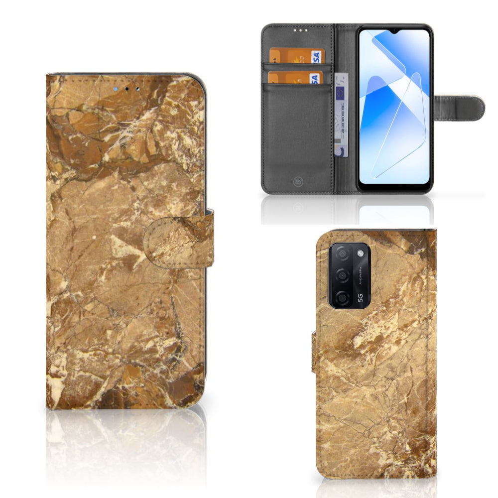 OPPO A16/A16s/A54s Bookcase Marmer Creme met marmerdesign en ruimte voor pasjes en creditcards.