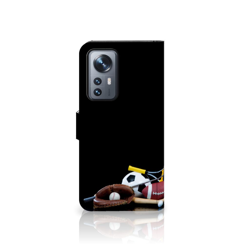 Xiaomi 12 Pro Wallet Case met Pasjes Sports met sportuitrusting afbeeldingen op zwarte achtergrond
