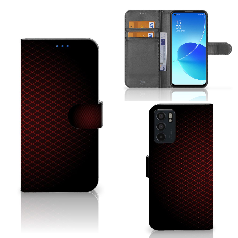 OPPO Reno6 5G Telefoon Hoesje Geruit Rood met ruimte voor 3 pasjes en zwart-rood design.
