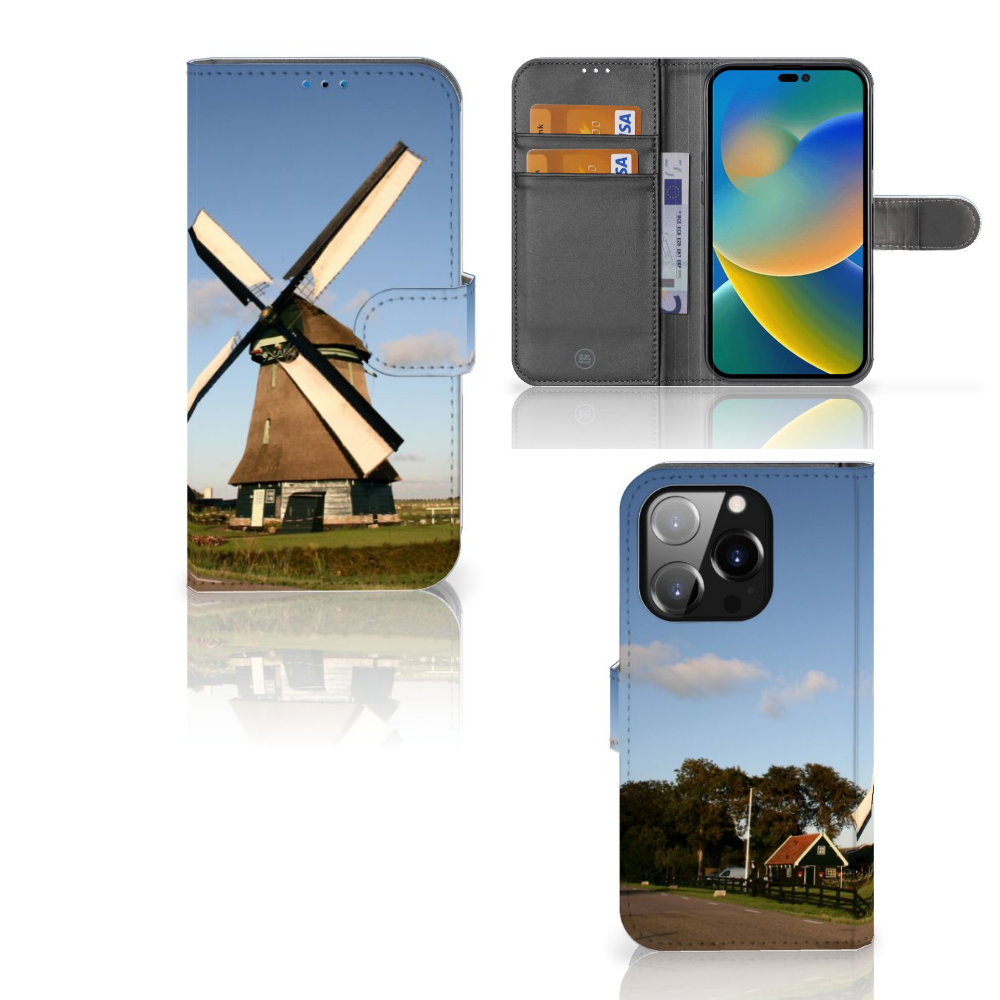 iPhone 14 Pro Flip Cover Molen met een afbeelding van een traditionele molen en binnenkant met ruimte voor kaarten.