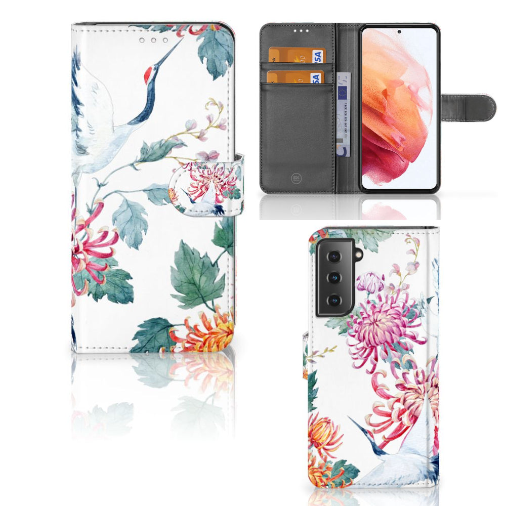 Samsung Galaxy S21 Telefoonhoesje met Pasjes Bird Flowers