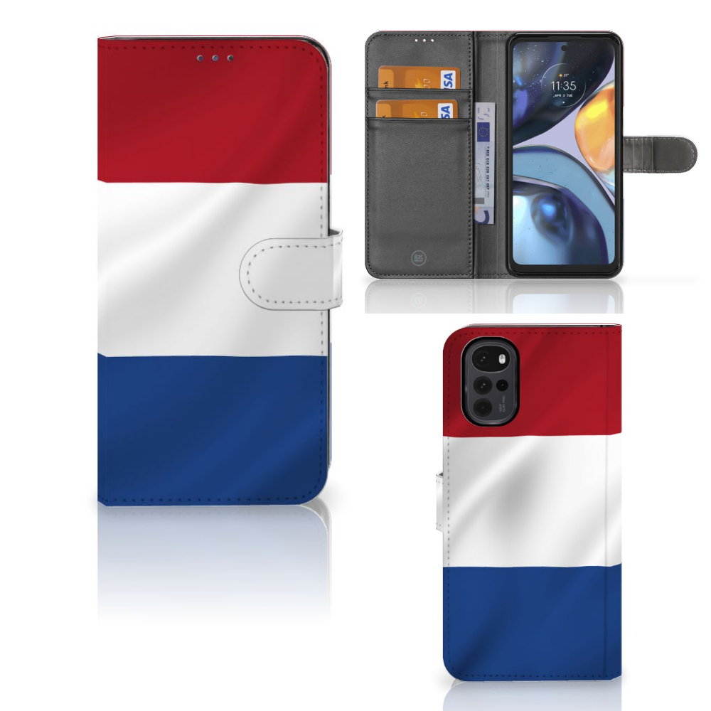Motorola Moto G22 Bookstyle Case Nederlandse Vlag met pasjes en artistiek design van de Nederlandse vlag.