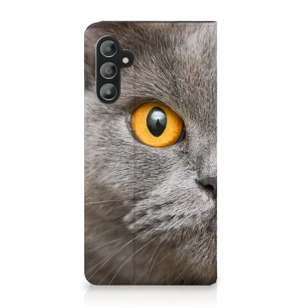 Hoesje maken Samsung Galaxy A14 4G Britse Korthaar met close-up van grijze kat met gele ogen.