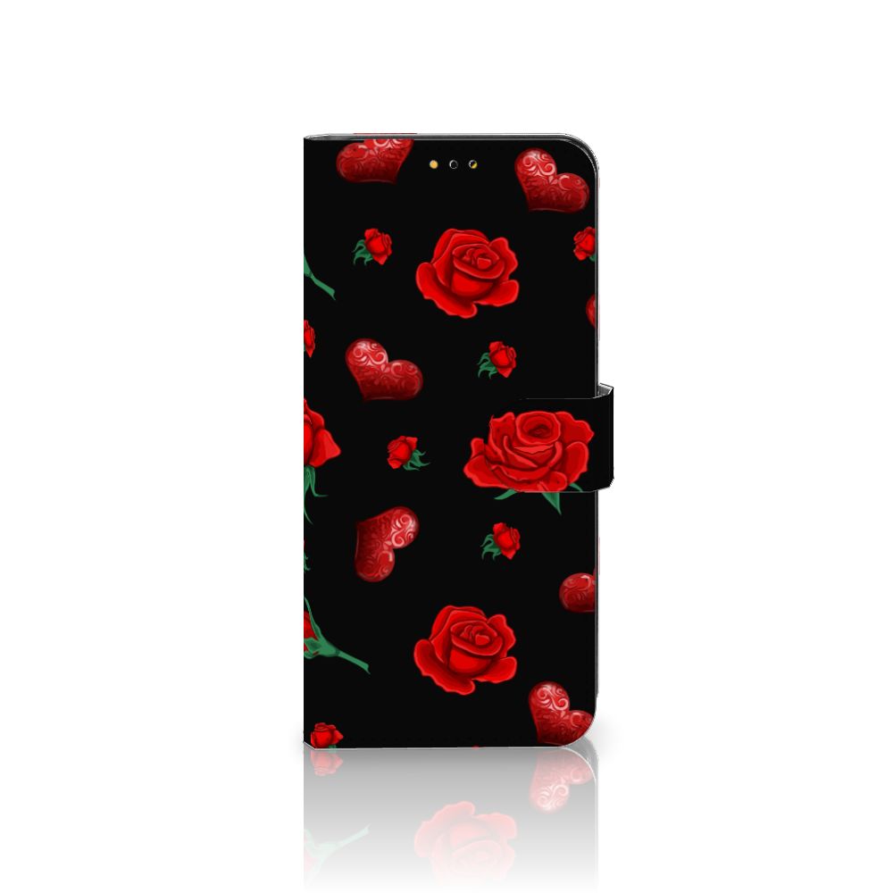 Samsung Galaxy A14 5G Leuk Hoesje Valentine met rozen en harten op een zwarte achtergrond.