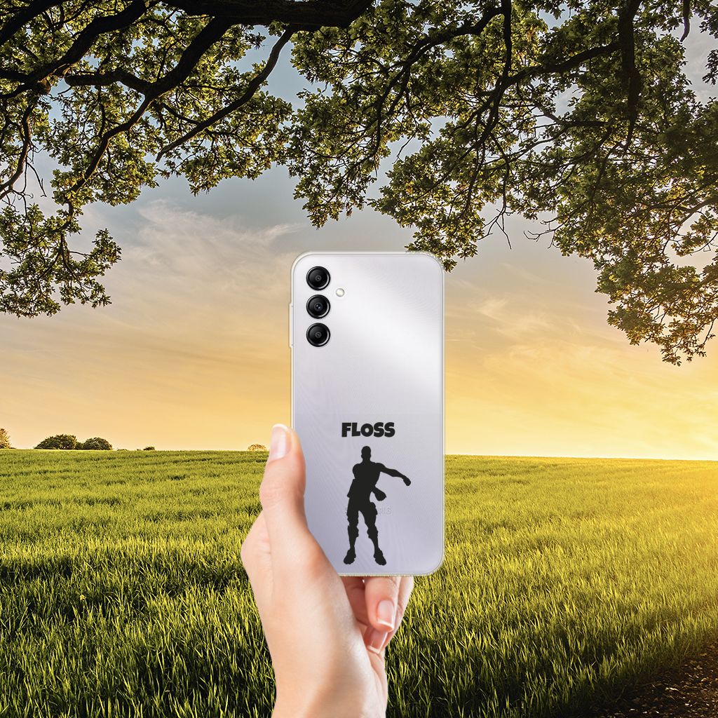 Samsung Galaxy A14 5G Telefoonhoesje met Naam Floss in hand tijdens zonsondergang.