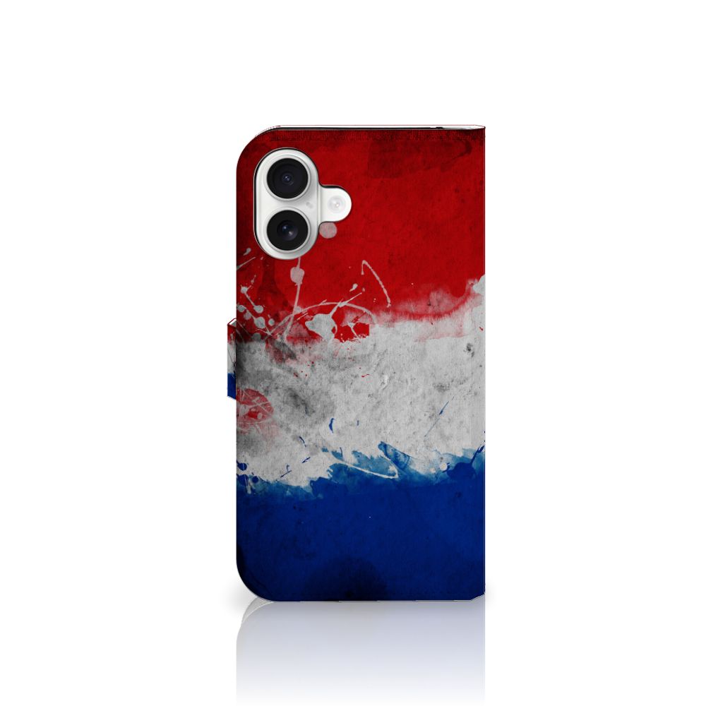 iPhone 16 Plus Bookstyle Case Nederland met kunstzinnige Nederlandse vlagontwerp.