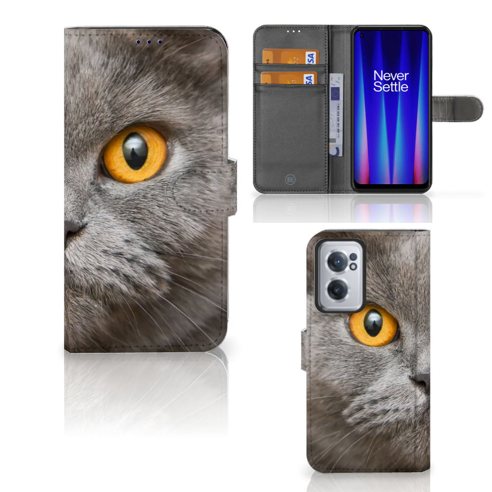Telefoonhoesje met Pasjes OnePlus Nord CE 2 Britse Korthaar met dichtbijbeeld van kat en pasjes.