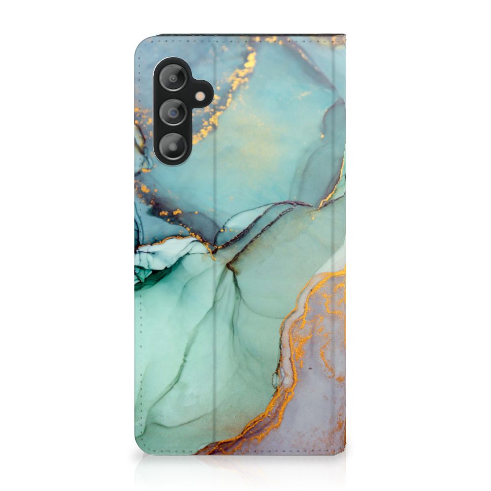 Bookcase voor Samsung Galaxy A14 4G Watercolor Mix met een uniek gemêleerd design in groen, goud en grijs.