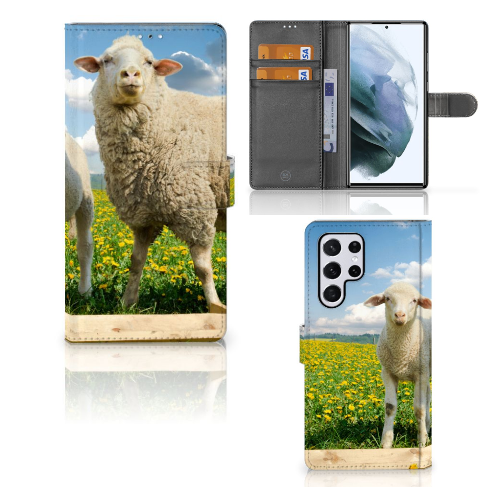 Samsung Galaxy S22 Ultra Telefoonhoesje met Pasjes Schaap en Lammetje