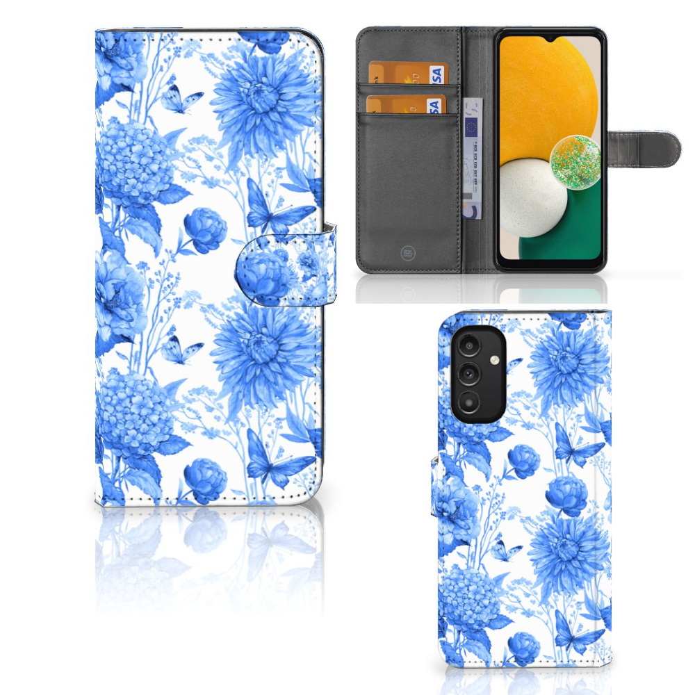 Hoesje voor Samsung Galaxy A14 4G Flowers Blue met bloemendessin in Delftsblauw, inclusief ruimte voor drie pasjes.