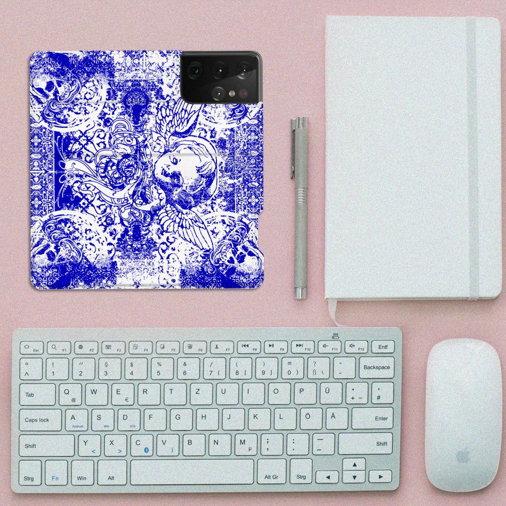 Mobiel BookCase Samsung Galaxy S21 Ultra Angel Skull Blauw - B2C Telecom