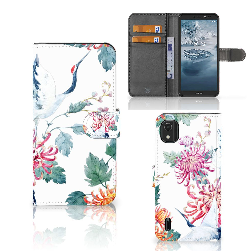 Nokia C2 2nd Edition Telefoonhoesje met Pasjes Bird Flowers