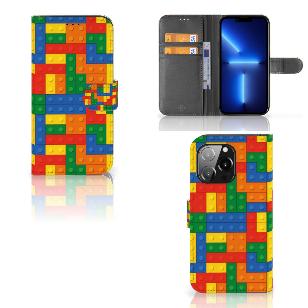 iPhone 13 Pro Telefoon Hoesje Blokken met kleurrijk lego design, ruimte voor 3 pasjes. 🎨