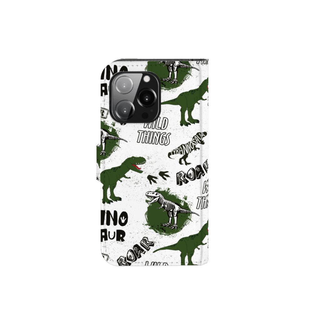 Telefoonhoesje met Pasjes voor iPhone 13 Pro Dinosaurus met schattige dinosaurussen en teksten.