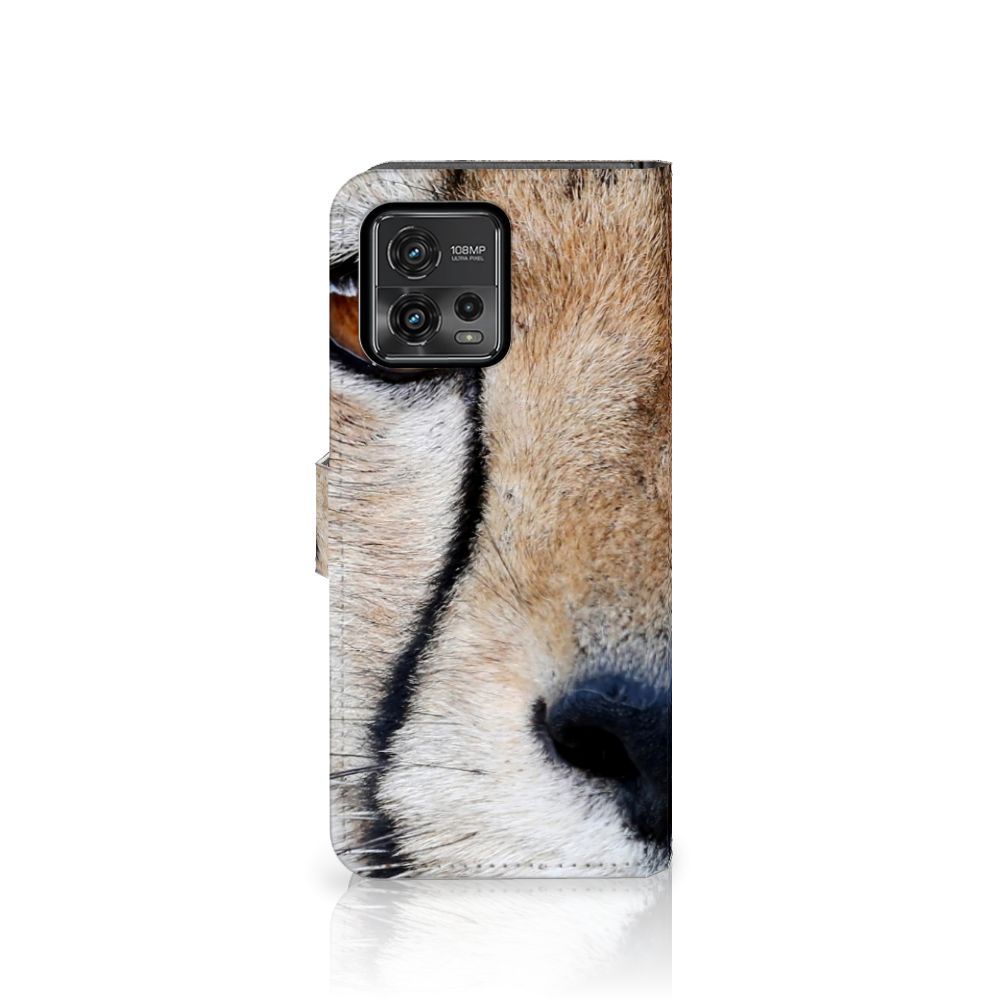 Motorola Moto G72 Telefoonhoesje met Pasjes Cheetah met close-up van cheeta gezicht.