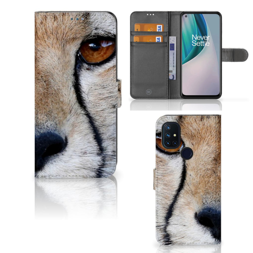 OnePlus Nord N10 Telefoonhoesje met Pasjes Cheetah - close-up cheeta afbeelding op telefoonhoesje