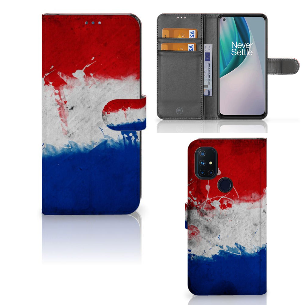 OnePlus Nord N10 Bookstyle Case Nederland met artistiek ontwerp van de Nederlandse vlag en vakjes voor pasjes.