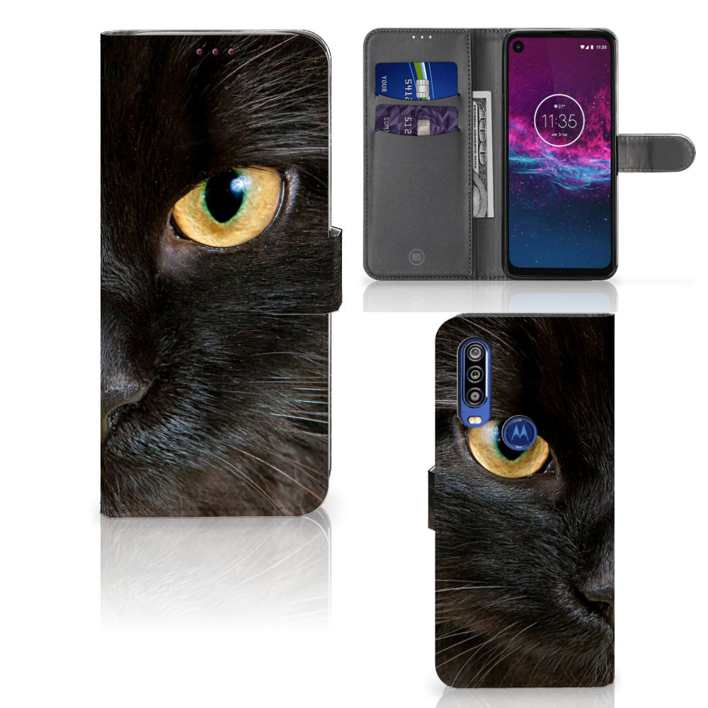 Motorola One Action Telefoonhoesje met Pasjes Zwarte Kat