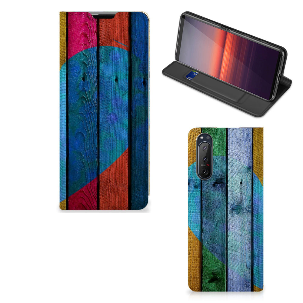 Sony Xperia 5 II Book Wallet Case Wood Heart - Cadeau voor je Vriend