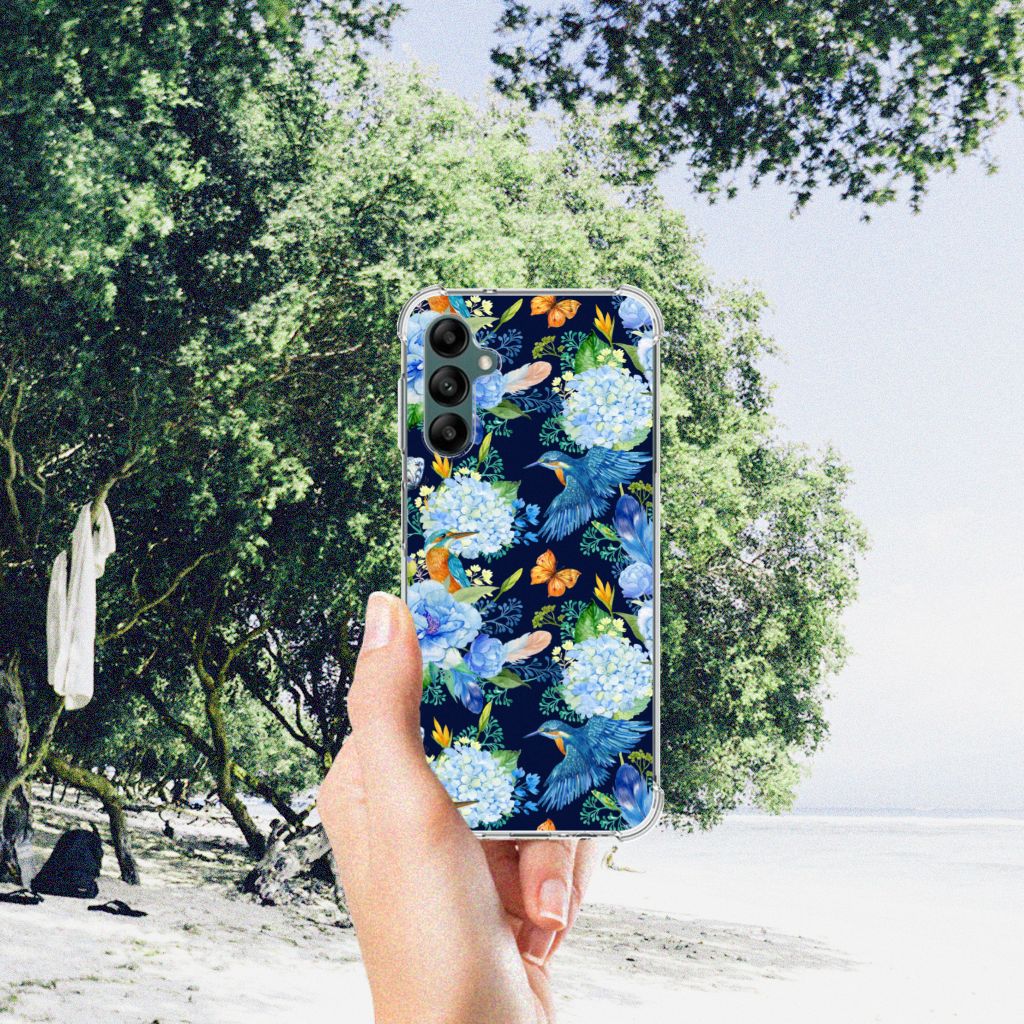 Case Anti-shock voor Samsung Galaxy A14 5G/4G IJsvogel met bloemen- en ijsvogelontwerp in hand op strand