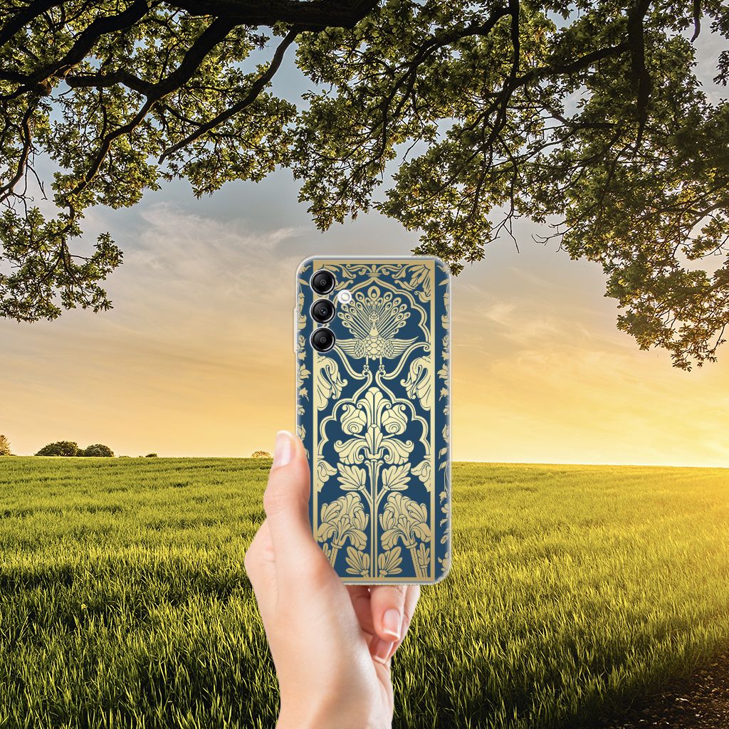 Samsung Galaxy A14 5G TPU Case Beige Flowers held against a sunset background with greenery.