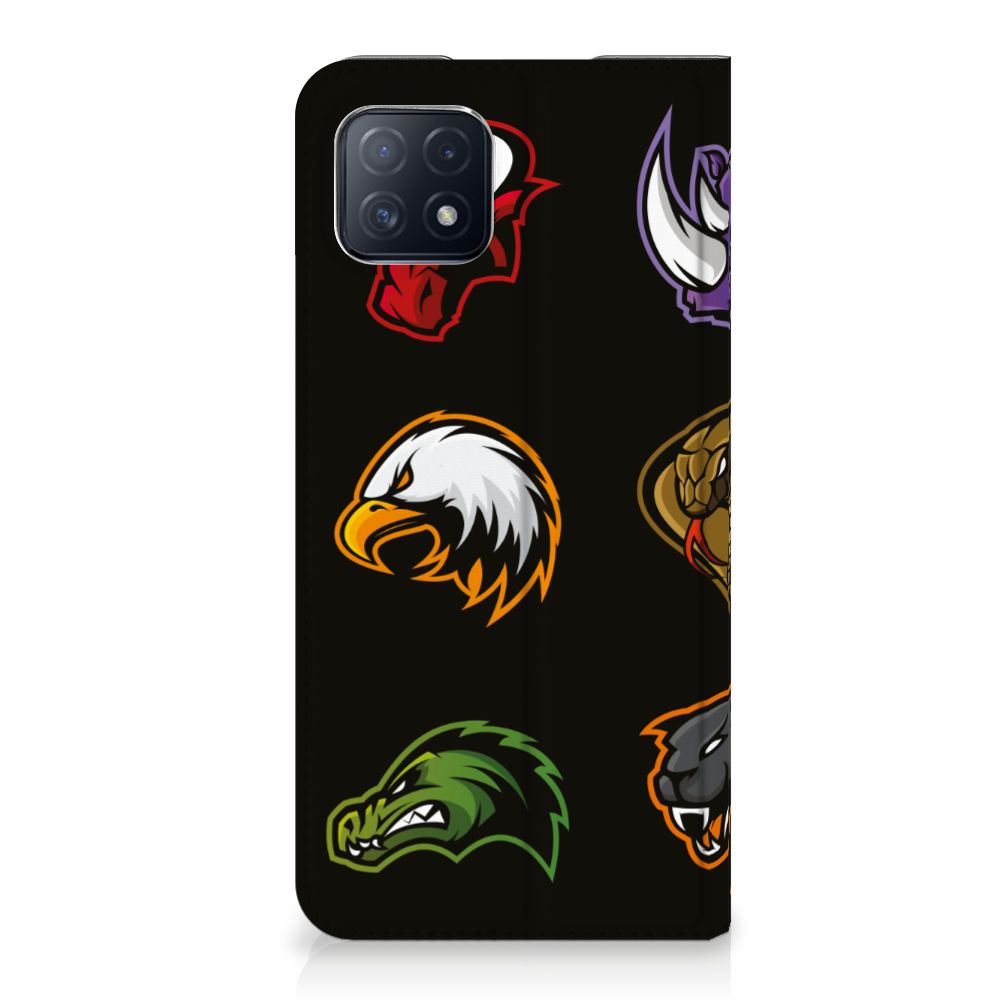 OPPO A73 5G Magnet Case Cartoon met kleurrijke cartoon logo's van dieren en figuren op een zwarte achtergrond.