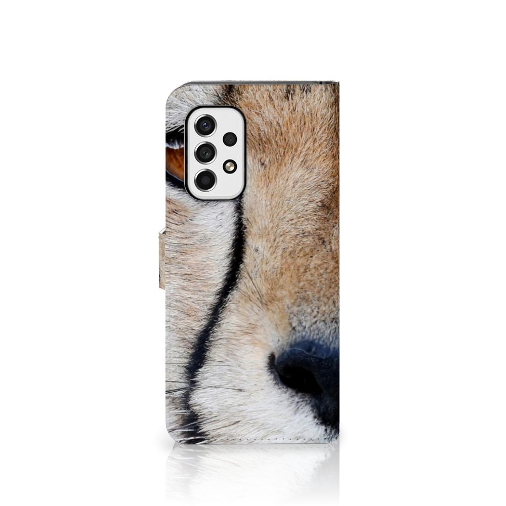 Samsung Galaxy A53 Telefoonhoesje met Pasjes Cheetah, close-up van cheeta op boekhoesje.