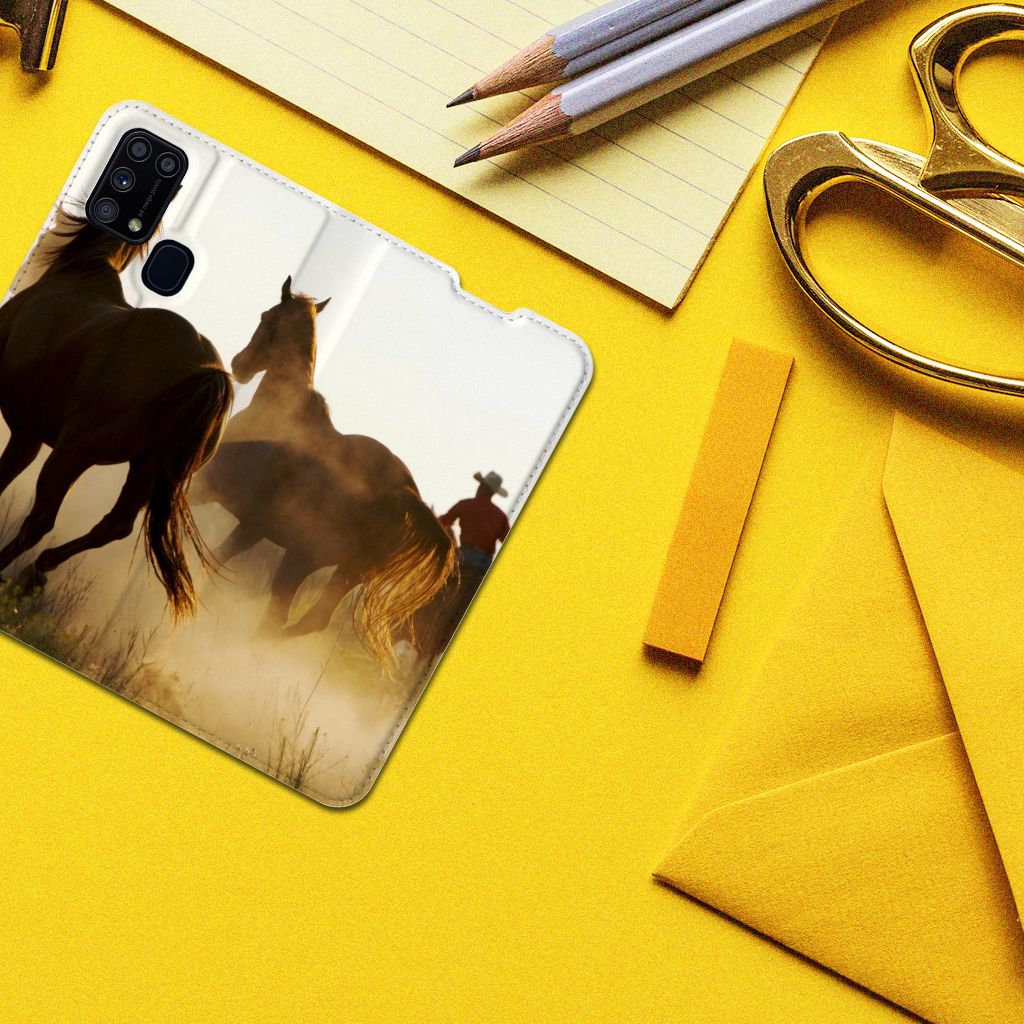 Samsung Galaxy M31 Hoesje maken Design Cowboy met paarden op een kleurrijke ondergrond