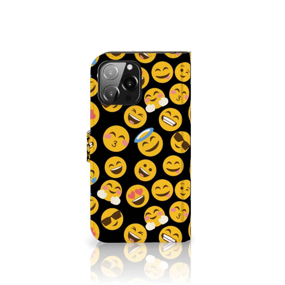 iPhone 13 Pro Max Telefoon Hoesje Emoji met vrolijke emoji's op een zwarte achtergrond.