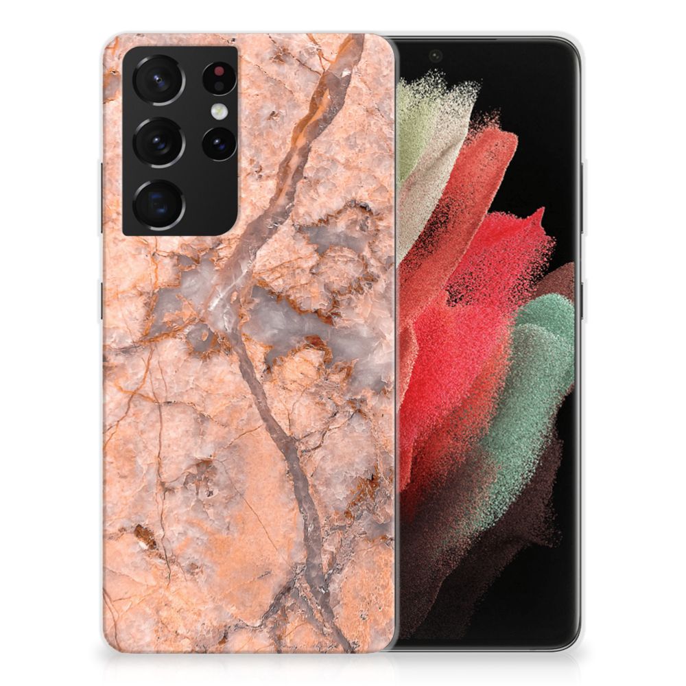 Samsung Galaxy S21 Ultra TPU Siliconen Hoesje Marmer Oranje B2C Telecom
