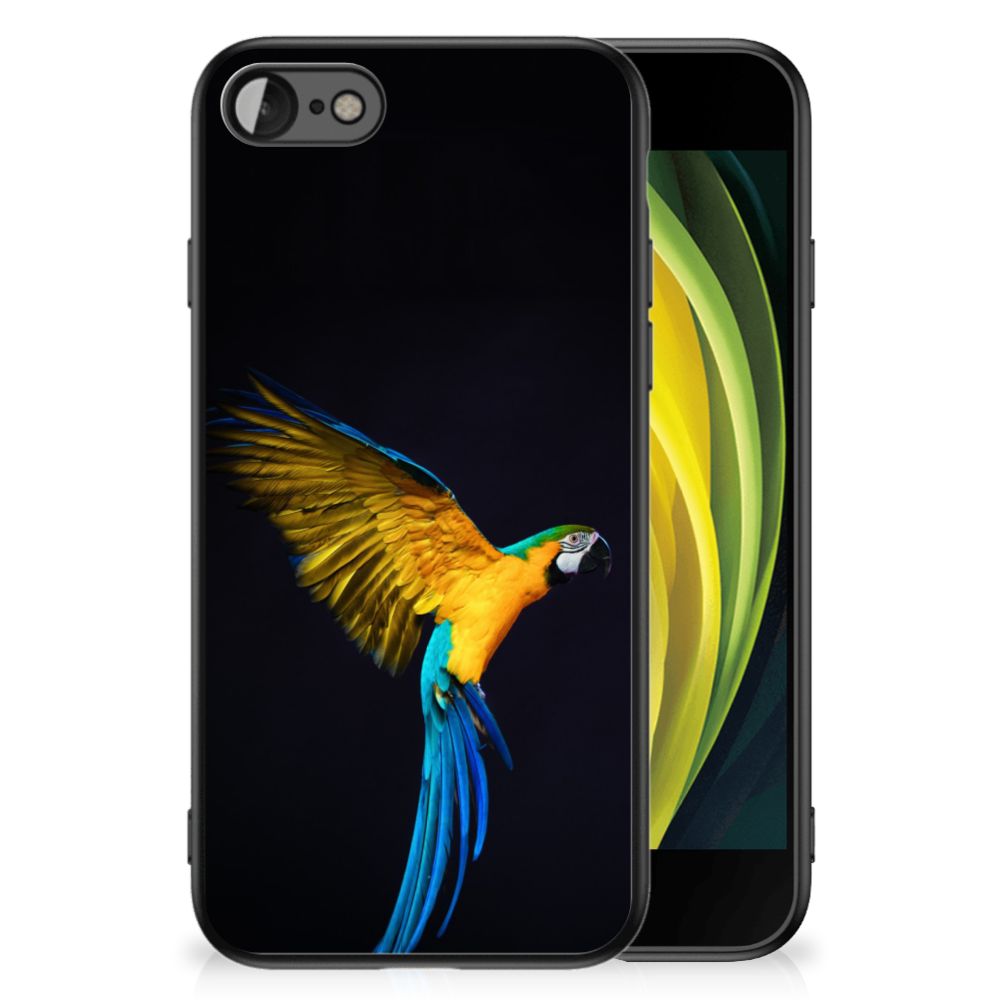 iPhone SE 2022 | SE 2020 | 7/8 Dierenprint Telefoonhoesje Papegaai met kleurrijke papegaai afbeelding op zwart